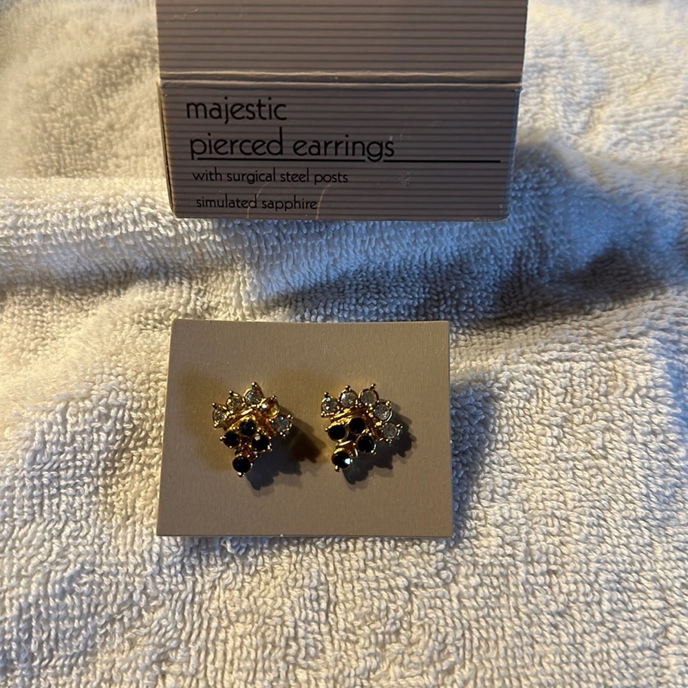 Avon 1990 Vintage Majestic Pierced Earrings Simulated Sapphire